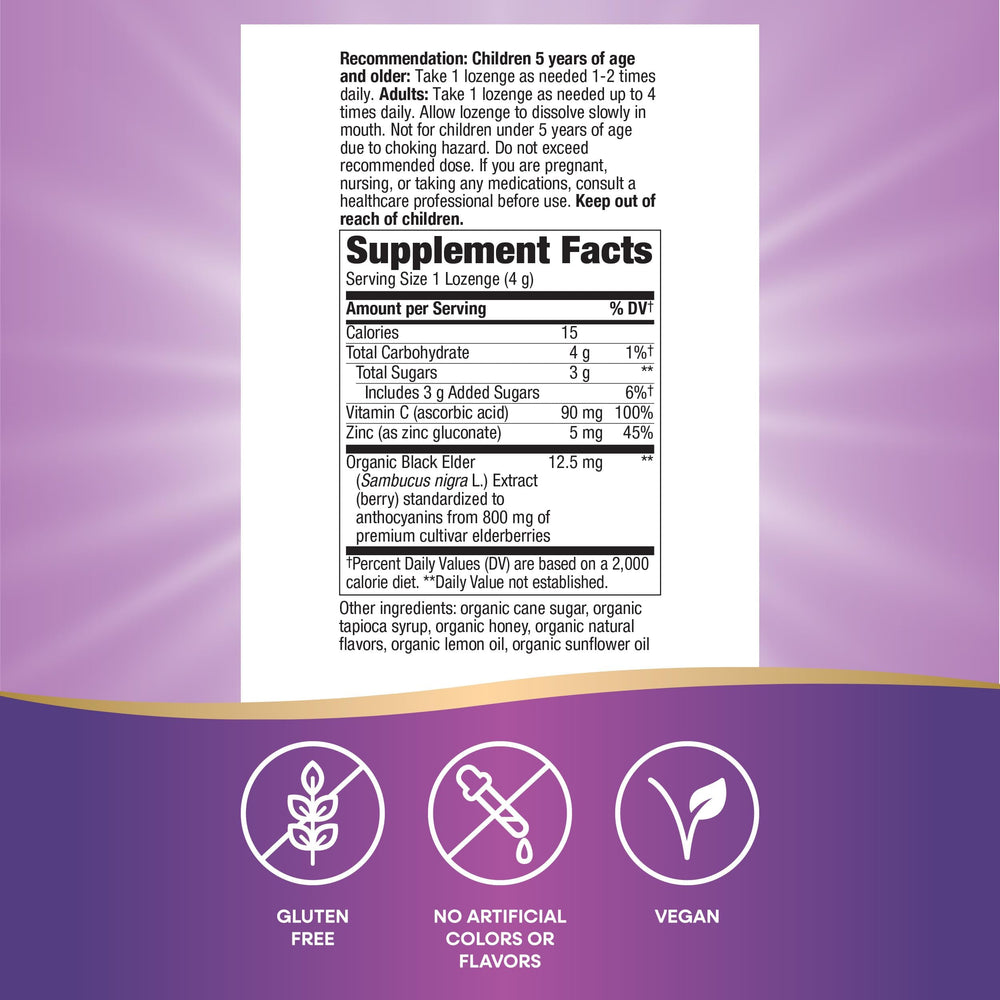 Box packaging of Sambucus lozenges highlighting organic elderberry extract.