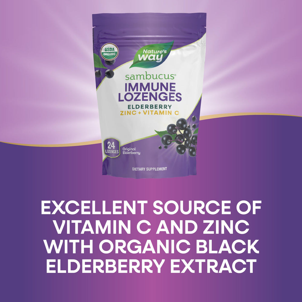 Vegan and gluten-free certification icon on Nature's Way Sambucus lozenge label.