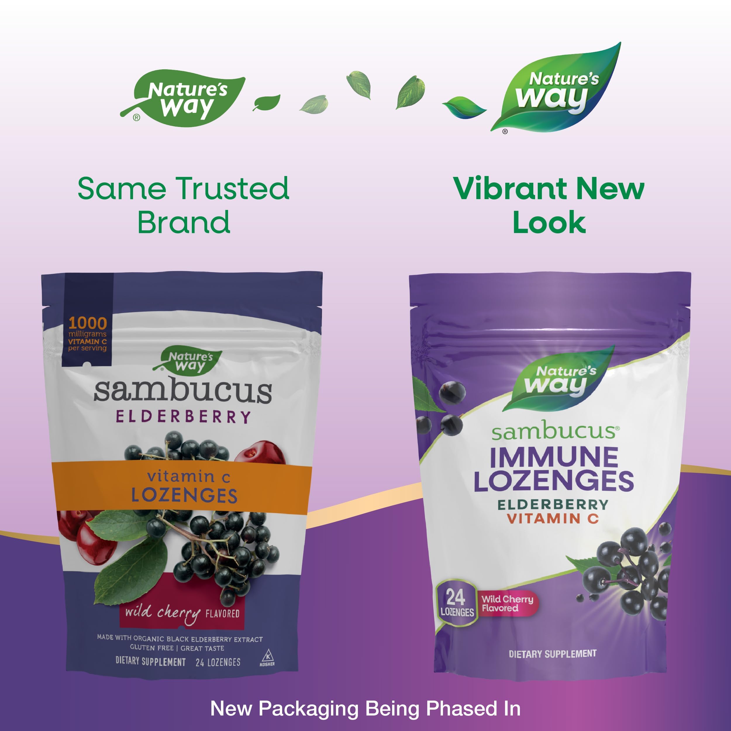 Nature's Way Sambucus lozenge texture highlights wild cherry flavor for daily use.