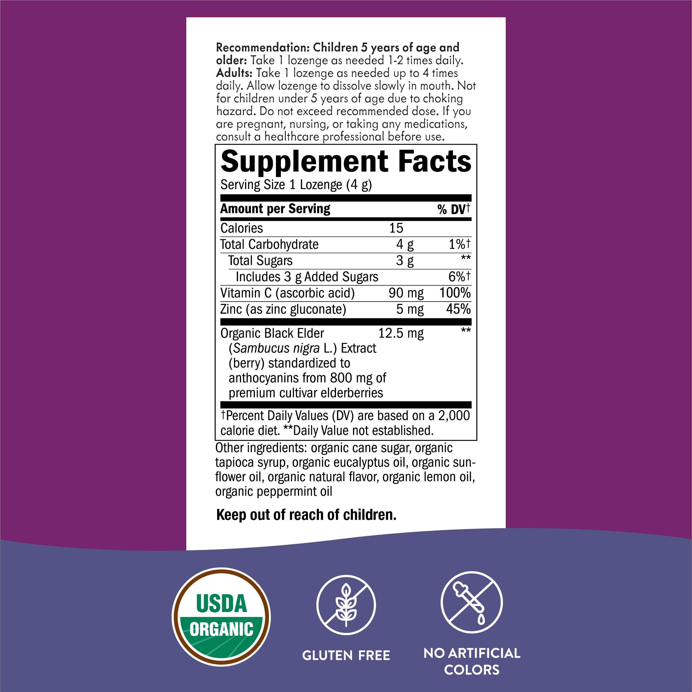 Nature's Way Sambucus lozenges displayed beside a glass of water for easy use