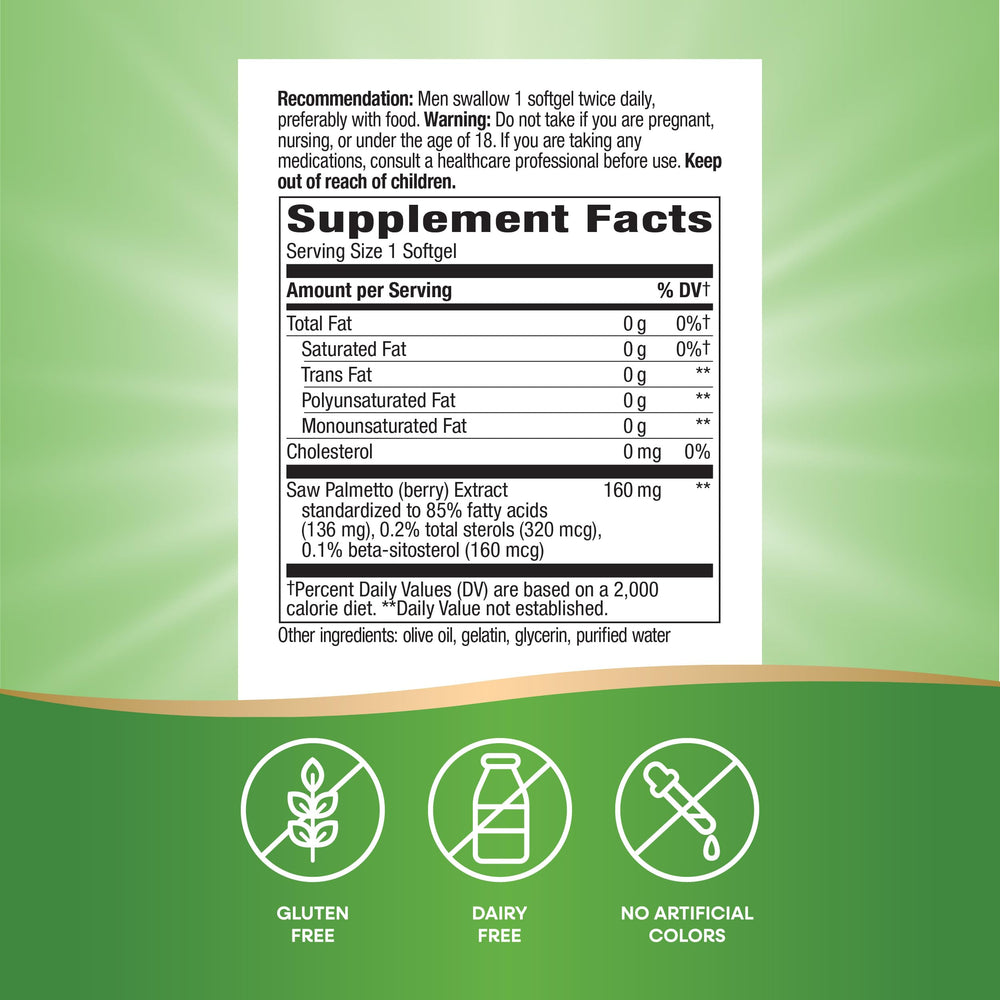 Nature's Way Saw Palmetto Premium Extract label close-up highlights key facts