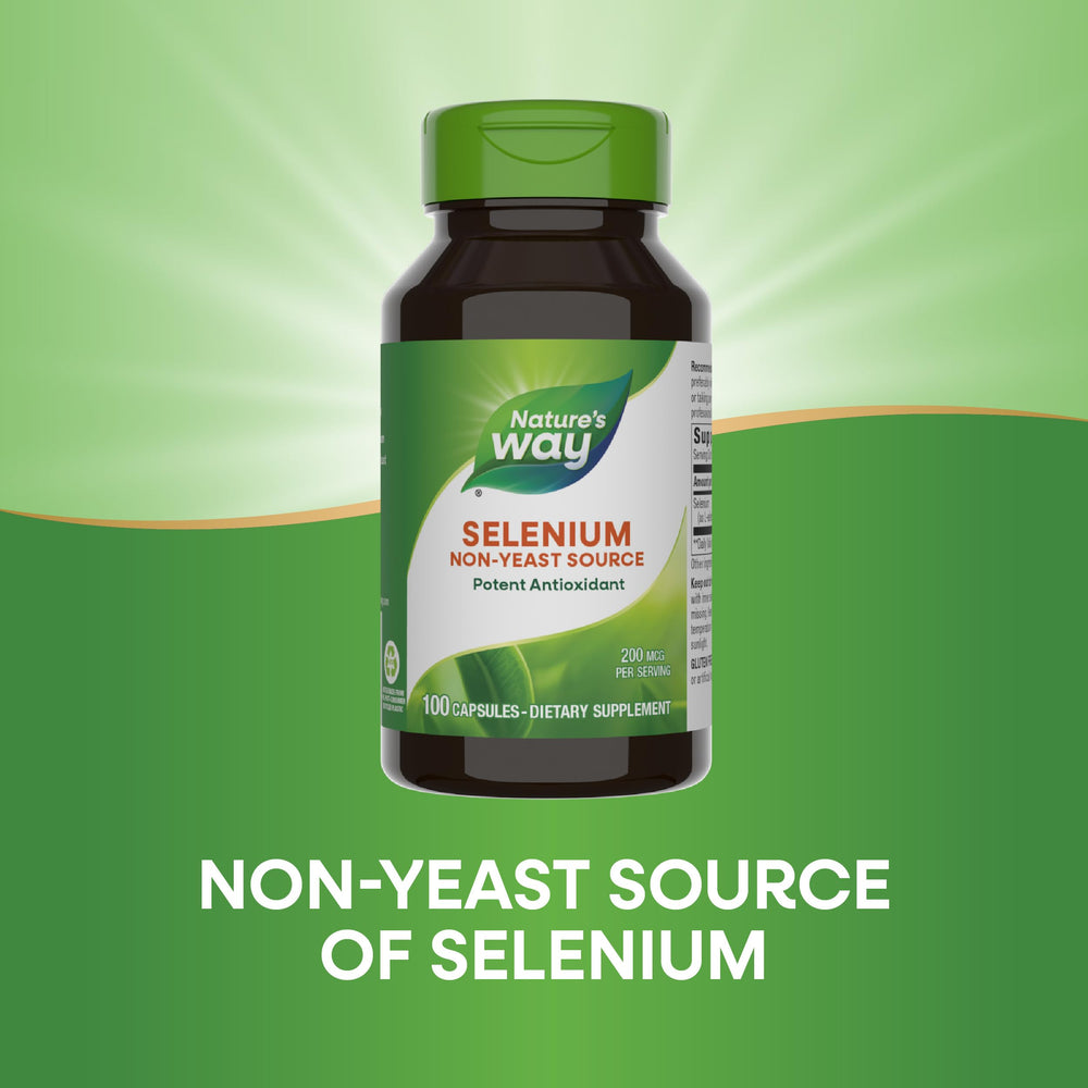 Nature's Way Selenium bottle shows 200 mcg per capsule for easy dosing.