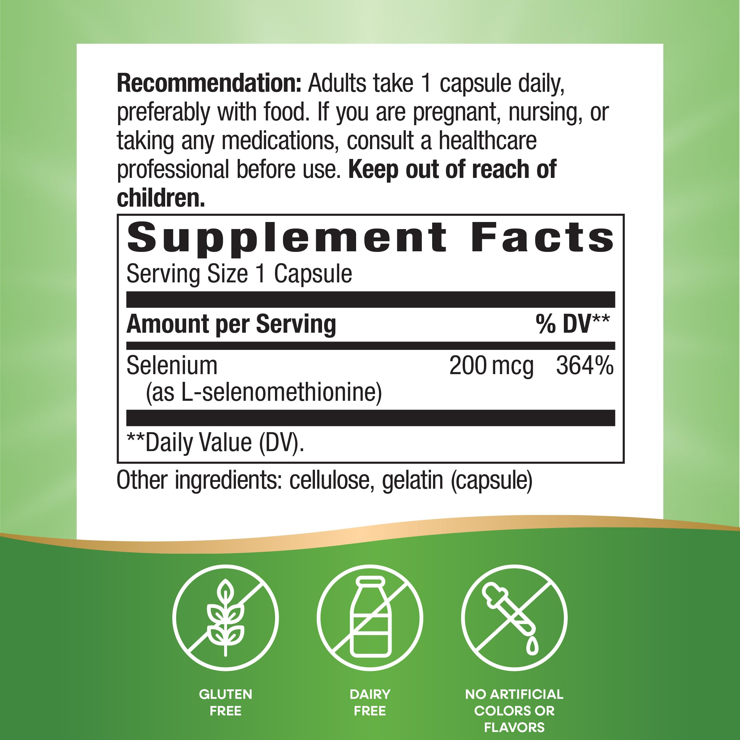 Nature's Way Selenium non-yeast source listed among ingredients.