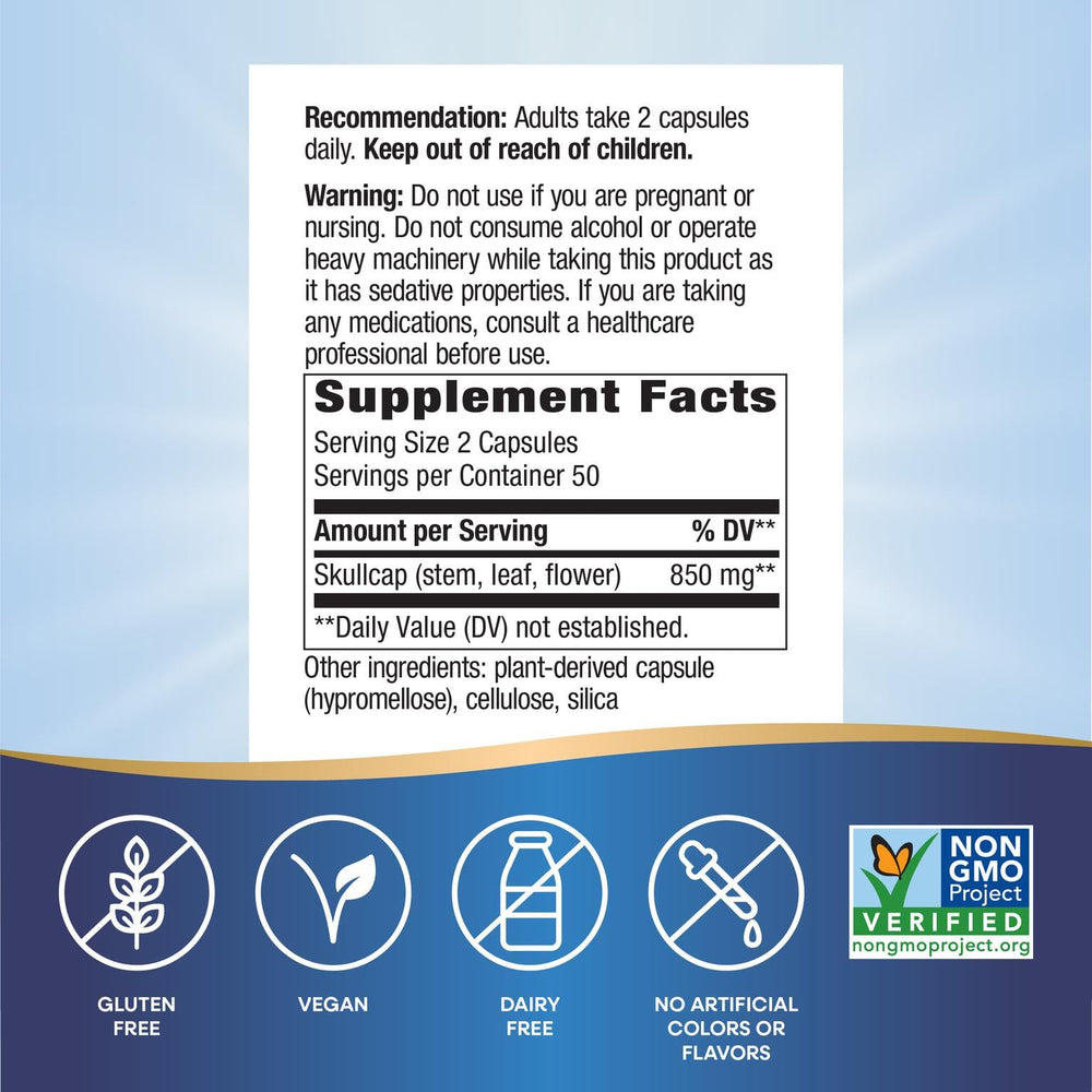 Nature's Way Skullcap capsules closeup for easy daily intake