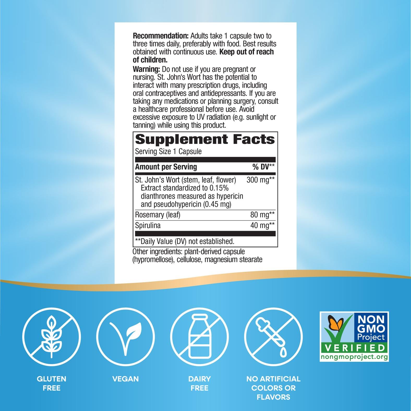Nature's Way St. John's Wort capsules close-up highlighting 300 mg extract per serving.