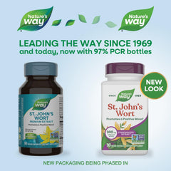 Nature's Way St. John's Wort label detail shows Non-GMO and gluten-free notes.