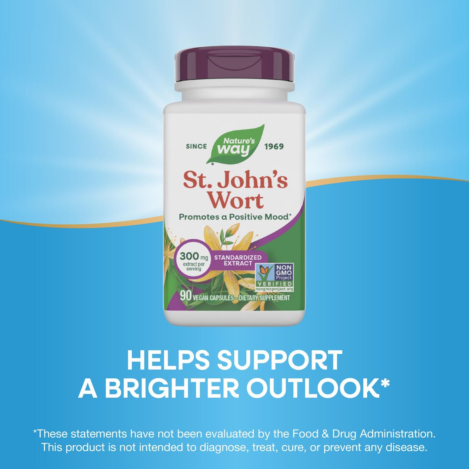 Nature's Way St. John's Wort packaging on a shelf emphasizes gluten-free formula.