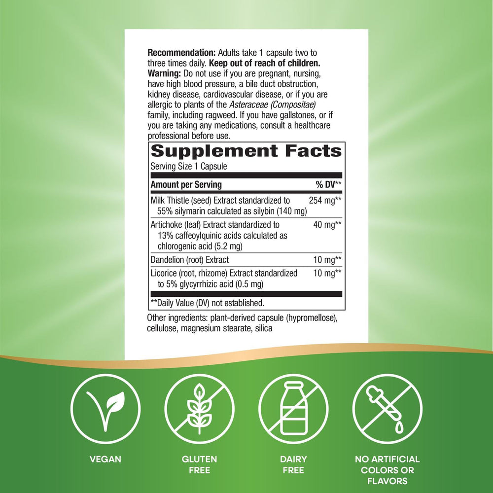 Nature's Way Super Milk Thistle artichoke leaf illustration highlights four-herb blend for liver support.