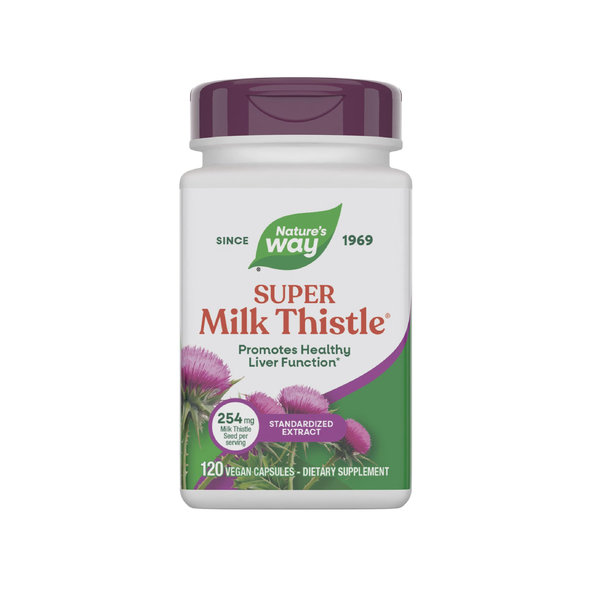 Nature's Way Super Milk Thistle bottle with 55% silymarin extract promotes liver function.