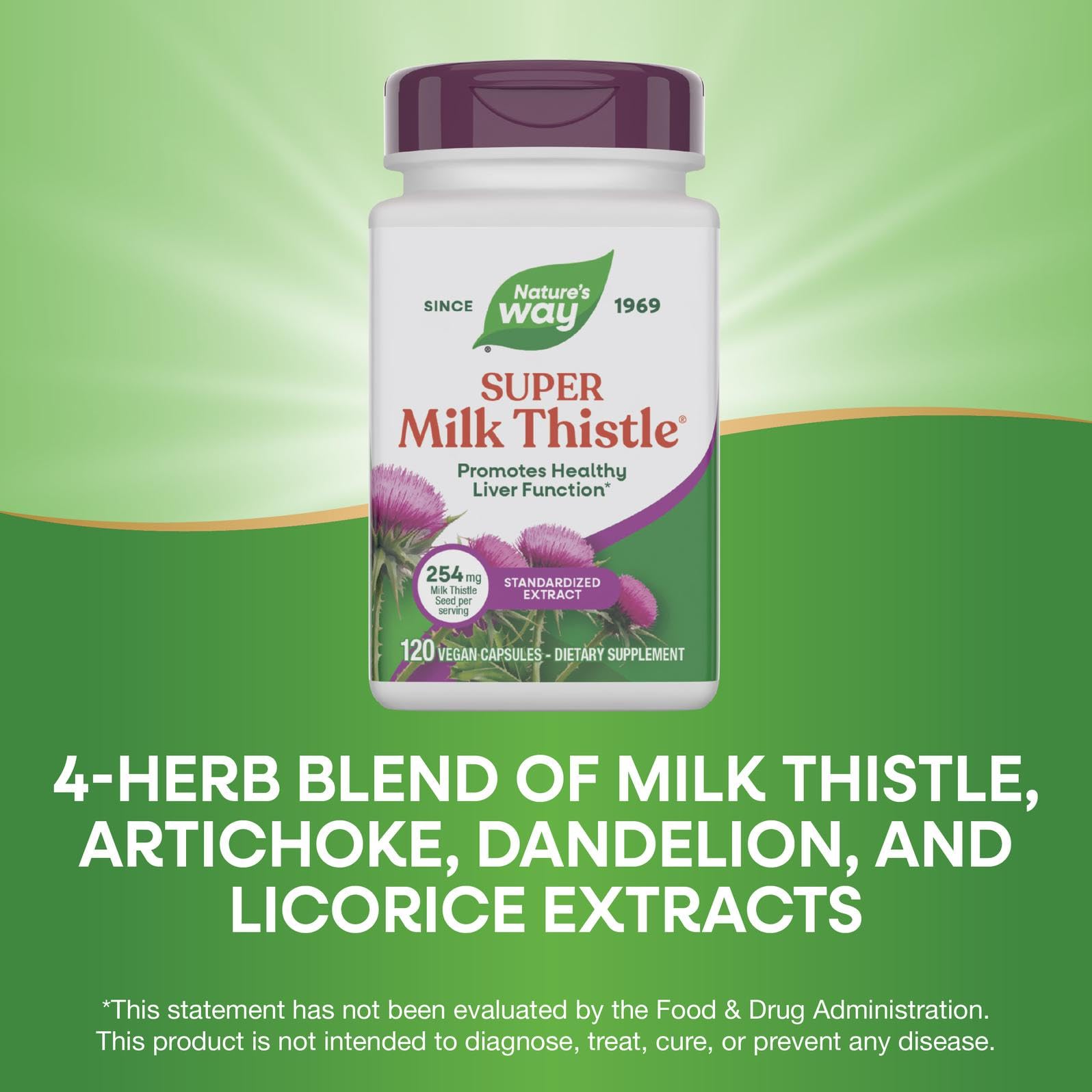 Nature's Way Super Milk Thistle capsules pack shows gluten-free vegan formula.
