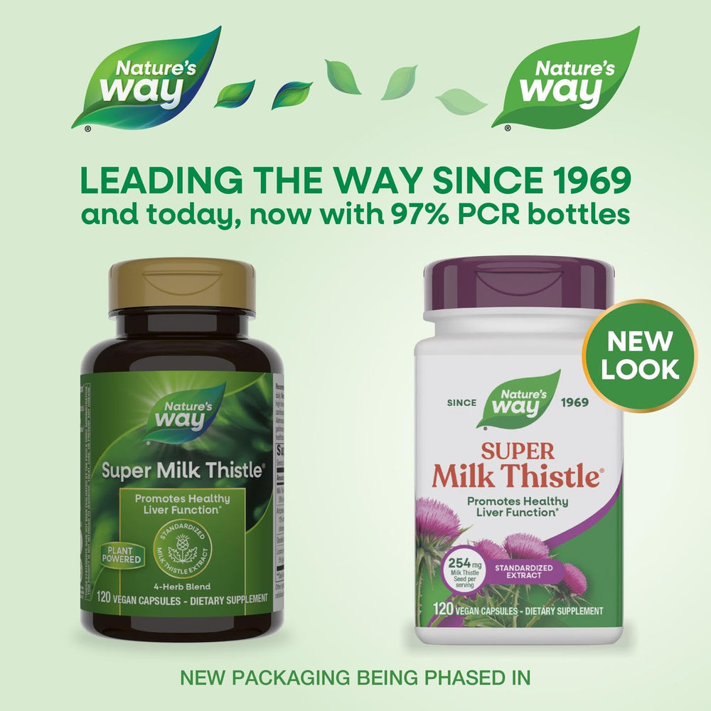 Nature's Way Super Milk Thistle dandelion root depiction suggests gentle herbal support.