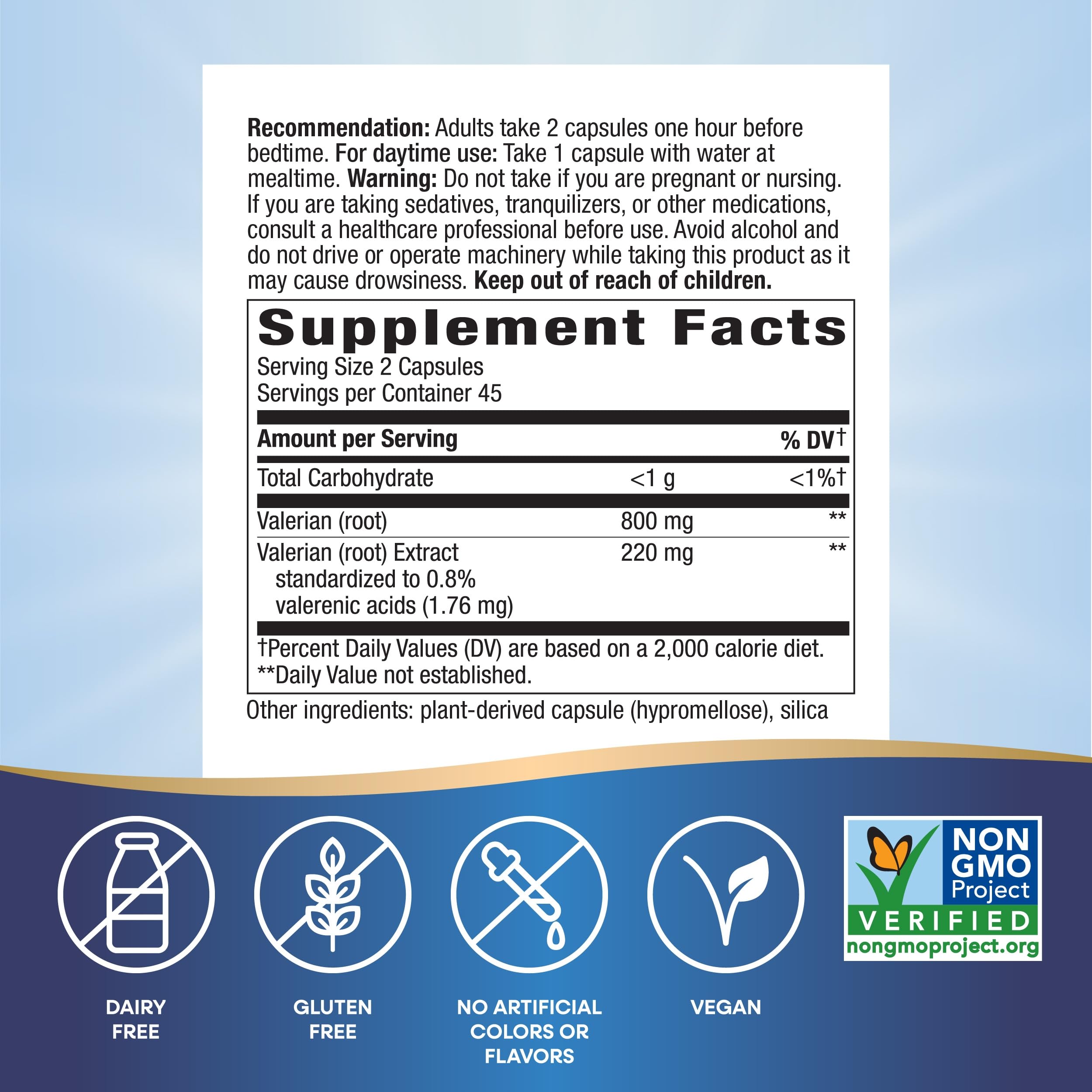 Close-up of valerian capsules indicating gluten-free and non-GMO formulation