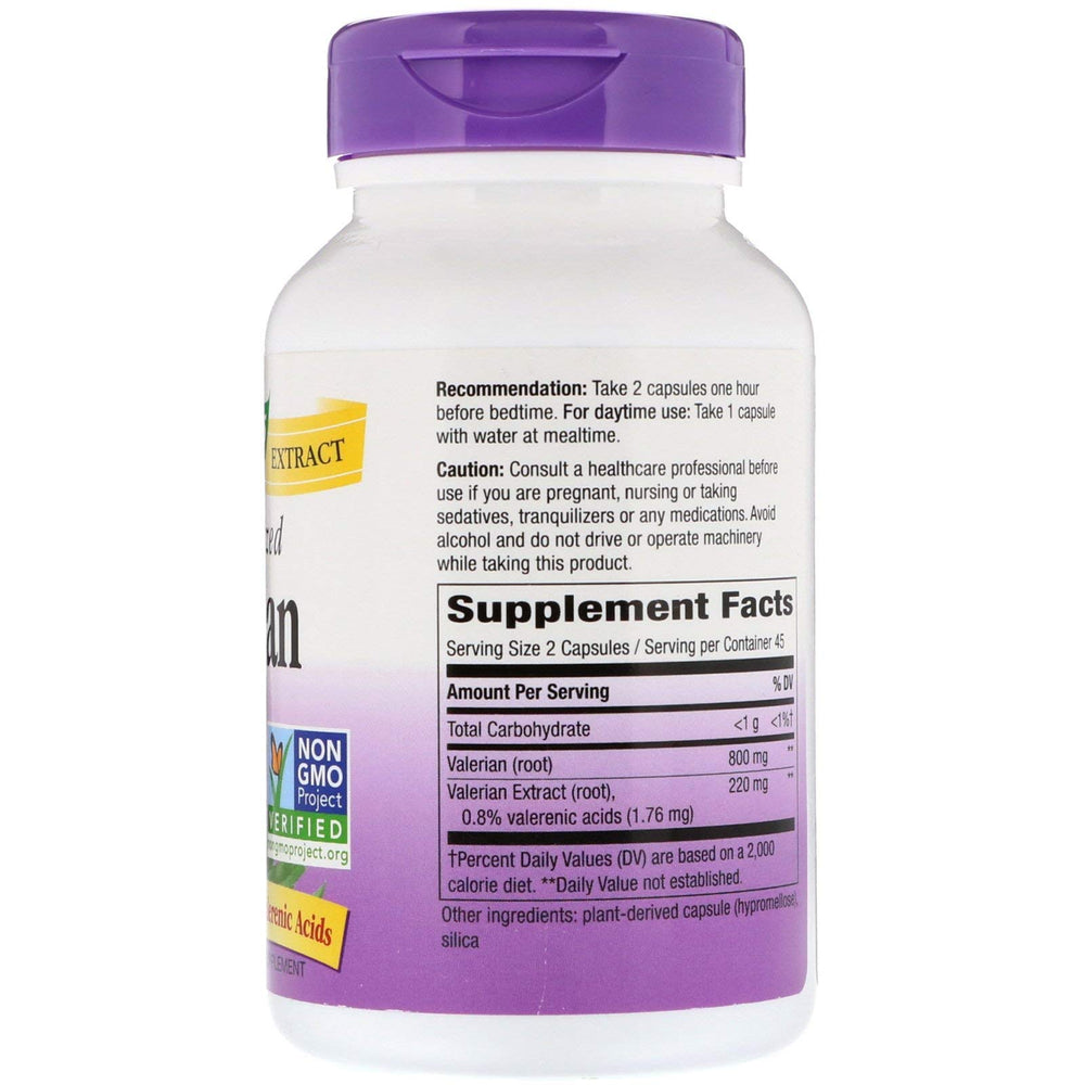 Nature's Way Valerian Premium Extract capsules shown as a two-capsule bedtime serving.