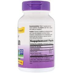 Nature's Way Valerian Premium Extract capsules shown as a two-capsule bedtime serving.