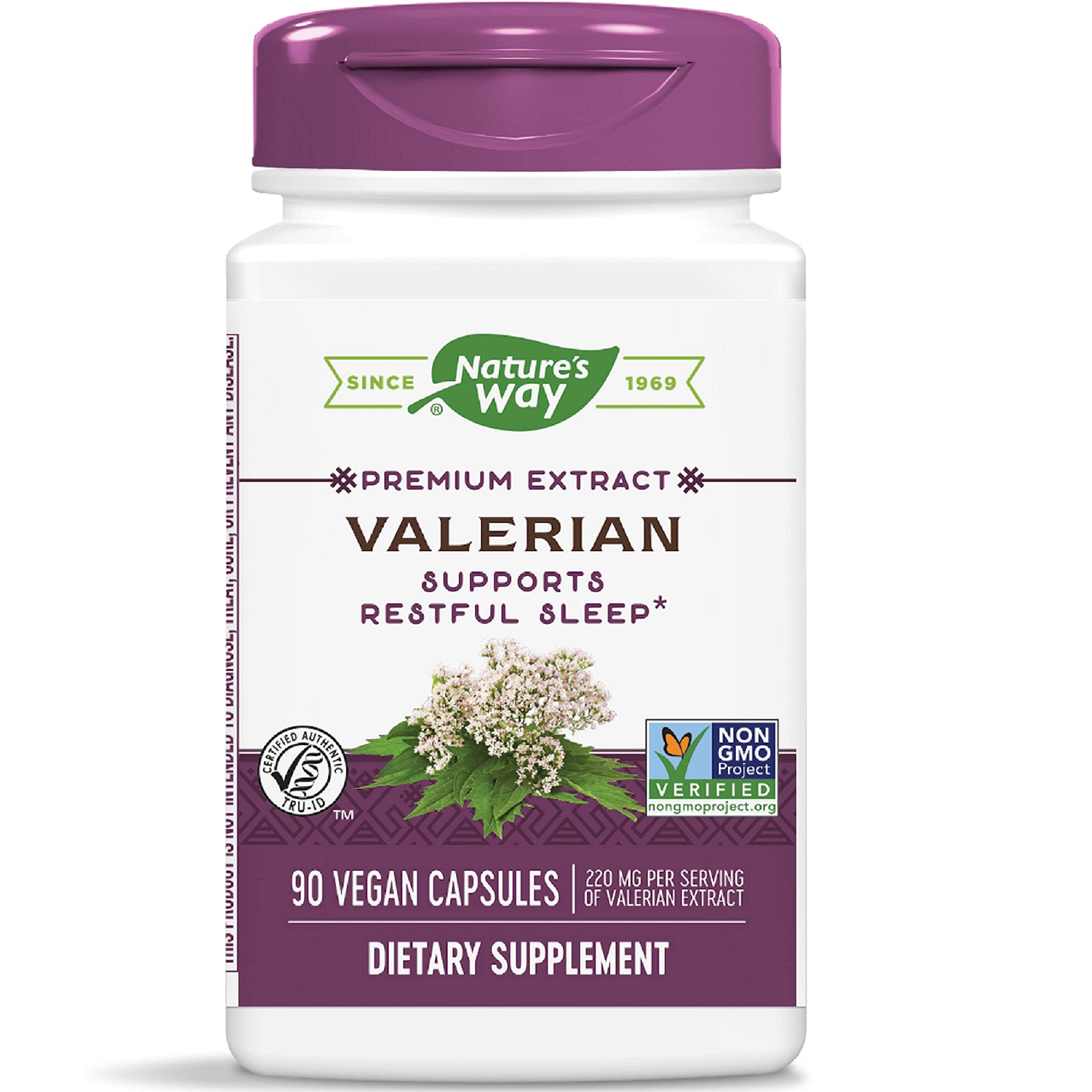 Nature's Way Valerian Premium Extract packaging highlighting vegan, non-GMO and free-from attributes.