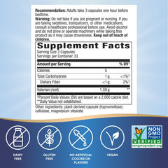 Nature's Way Valerian Root capsules close-up shows 1,590 mg per 3-capsule serving.