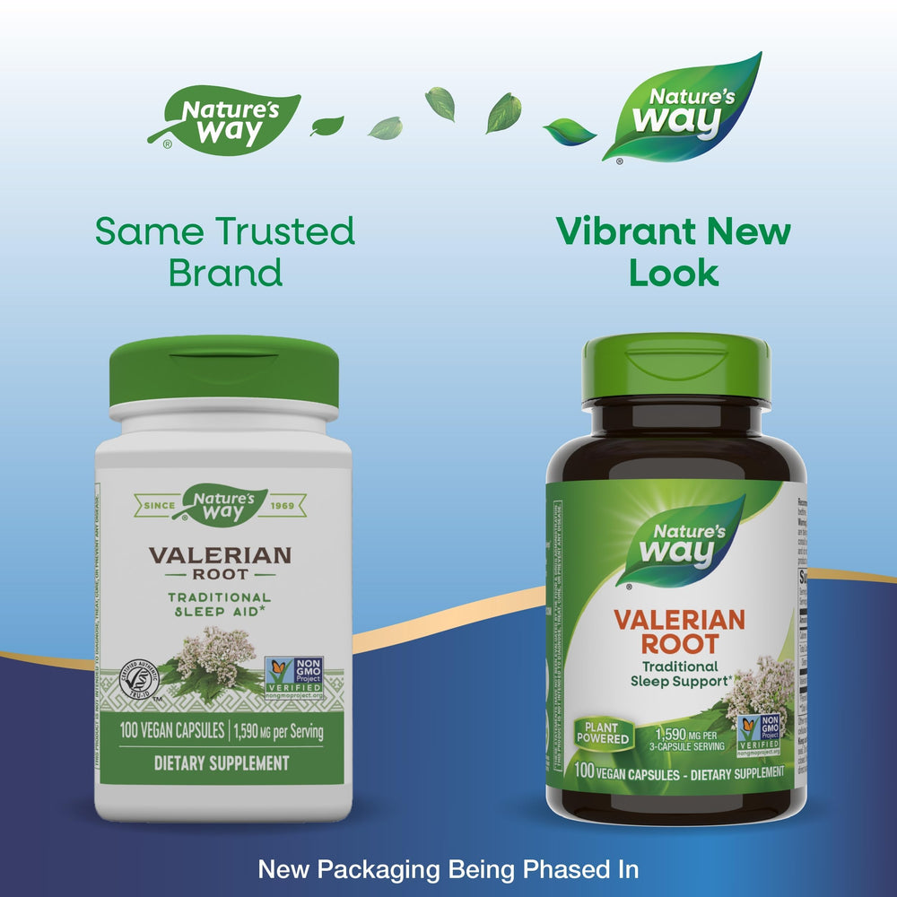 Nature's Way Valerian Root vegan capsules arranged neatly for convenient bedtime support.