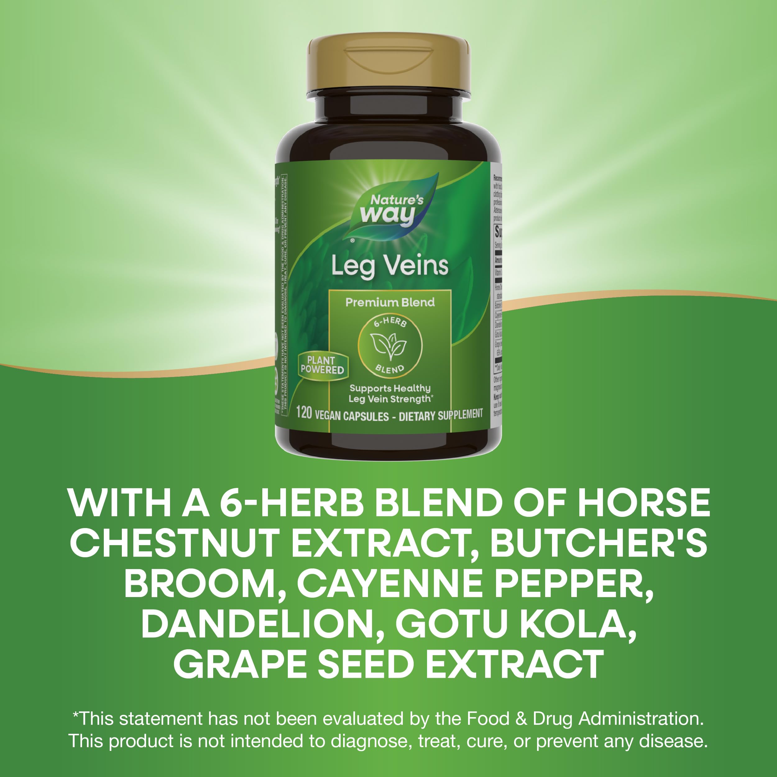 Gluten-free vegan icons appear on Nature's Way Leg Veins packaging.