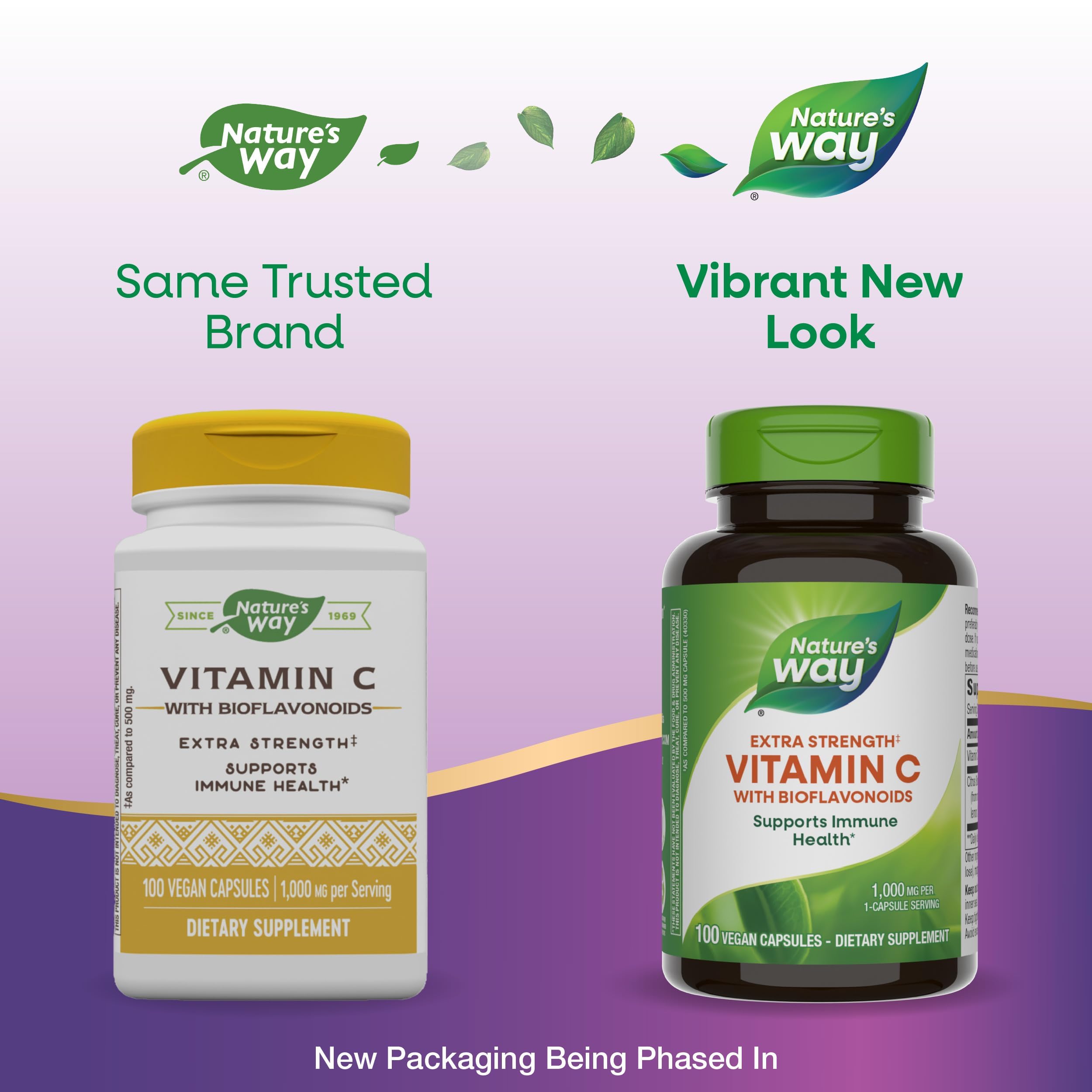 Nature's Way vegan gluten-free vitamin C label communicates clean supplement promise.