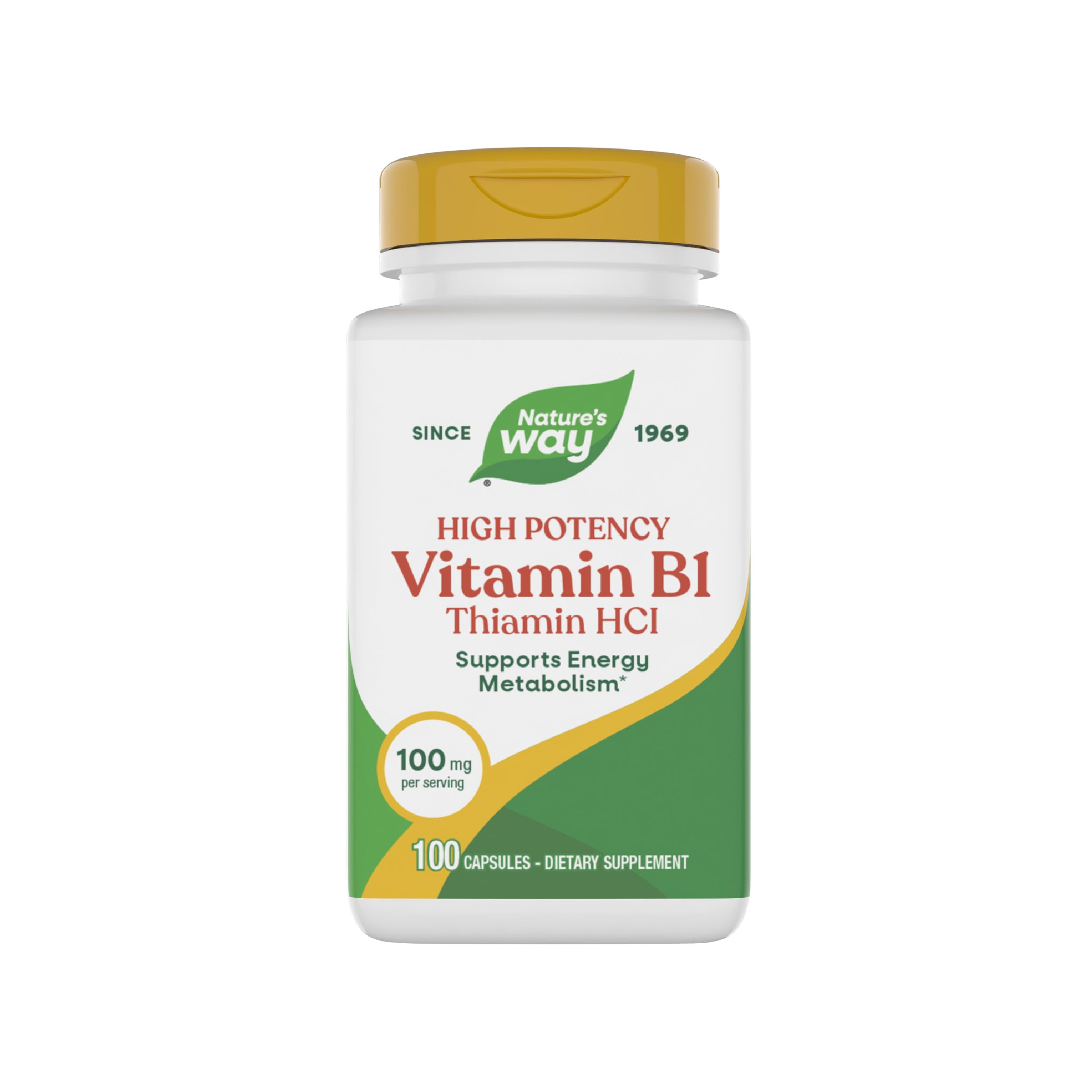 Nature's Way Vitamin B1 bottle label highlighting high potency thiamin