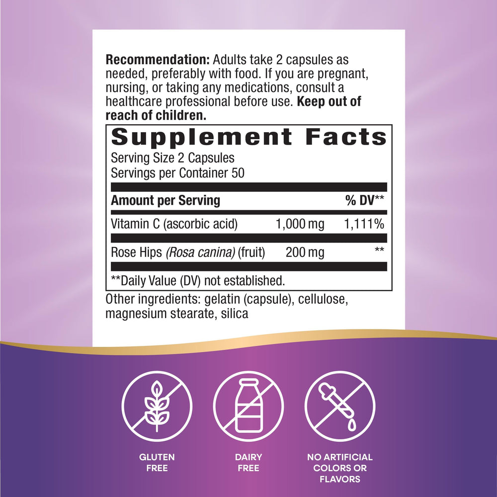 Nature's Way Vitamin C with Rose Hips capsules arranged for daily use