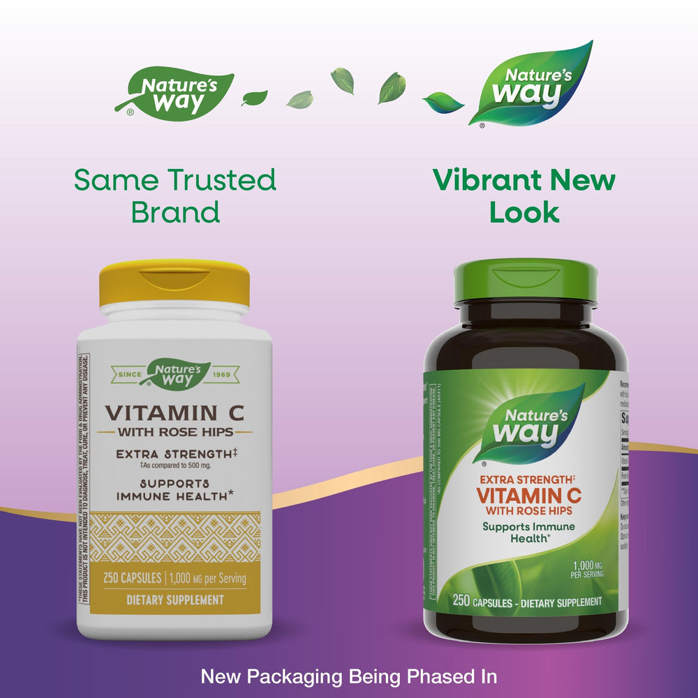 Nature's Way Vitamin C Rose Hips label shows 1000 mg per serving.