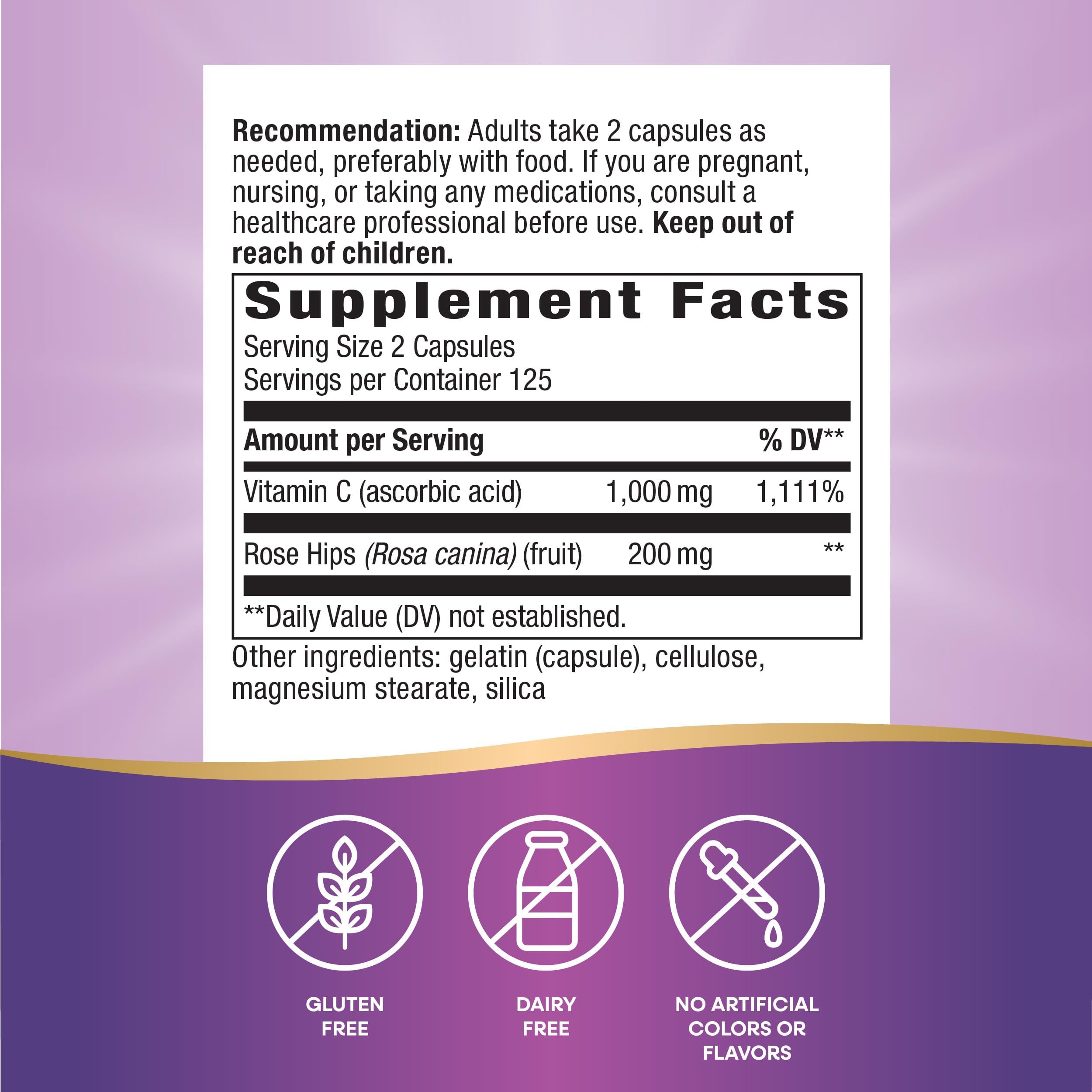 Nature's Way Vitamin C with Rose Hips capsules close-up for immune support