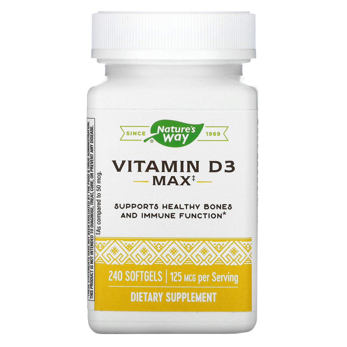 Nature's Way Vitamin D3 Max bottle with high potency formula for bone and immune support.