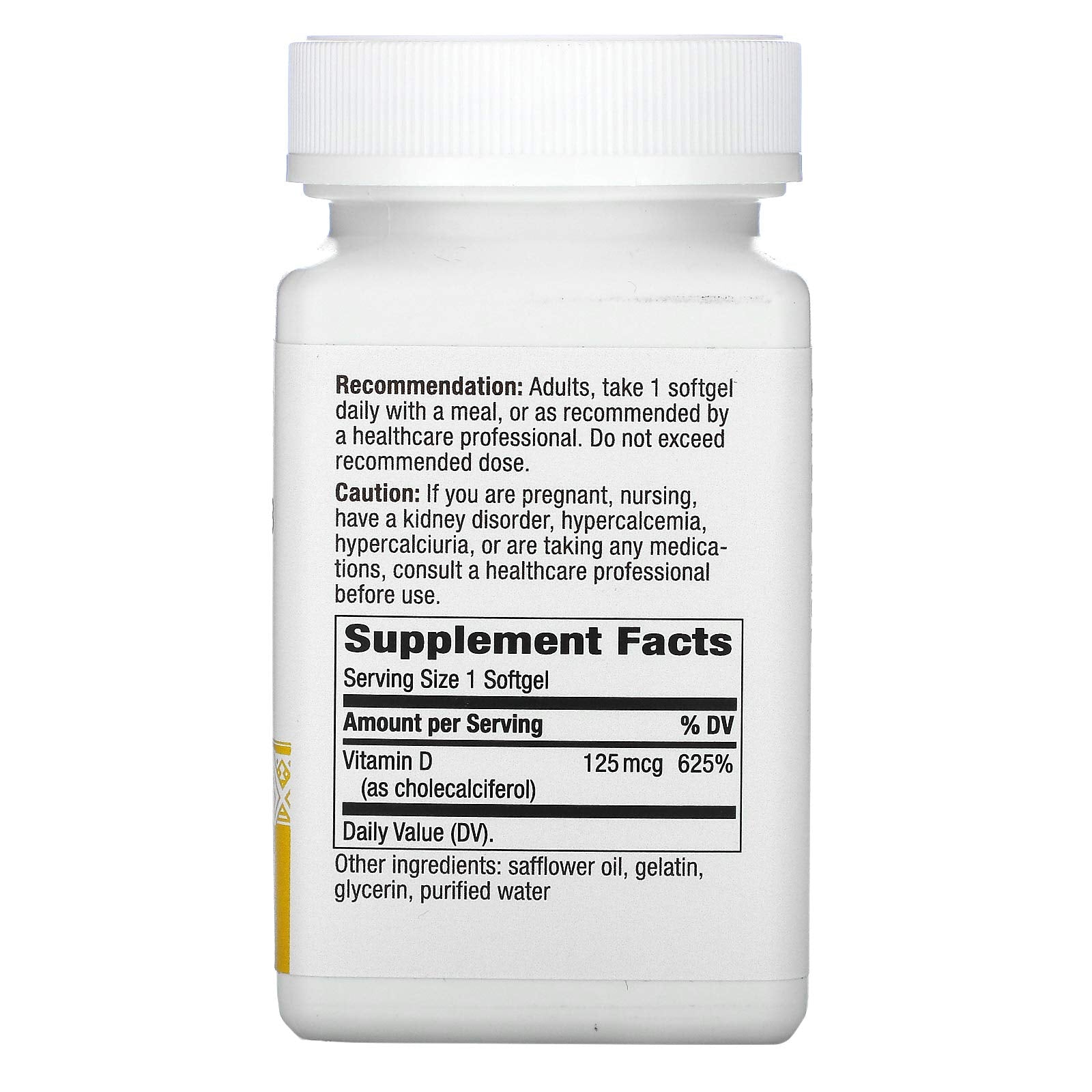 Nature's Way Vitamin D3 Max softgel close-up showing 125 mcg per capsule for daily bone health.