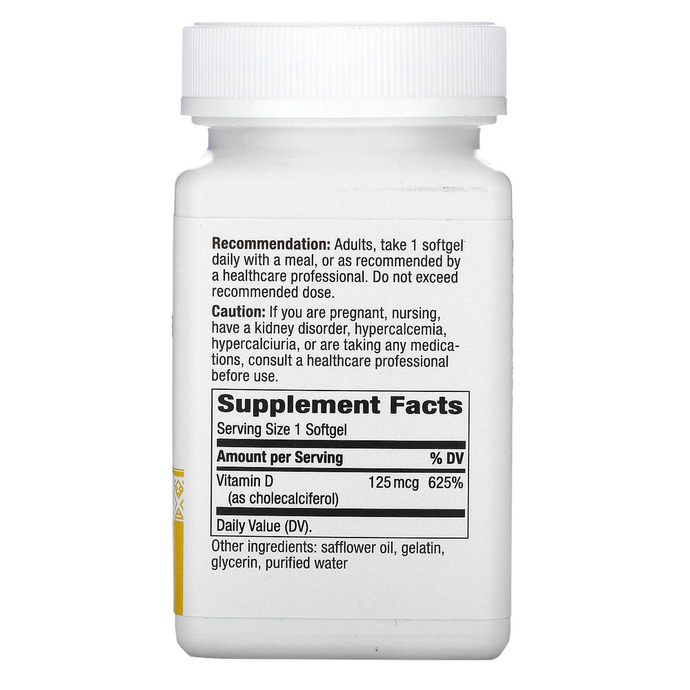 Nature's Way Vitamin D3 Max softgel close-up showing 125 mcg per capsule for daily bone health.
