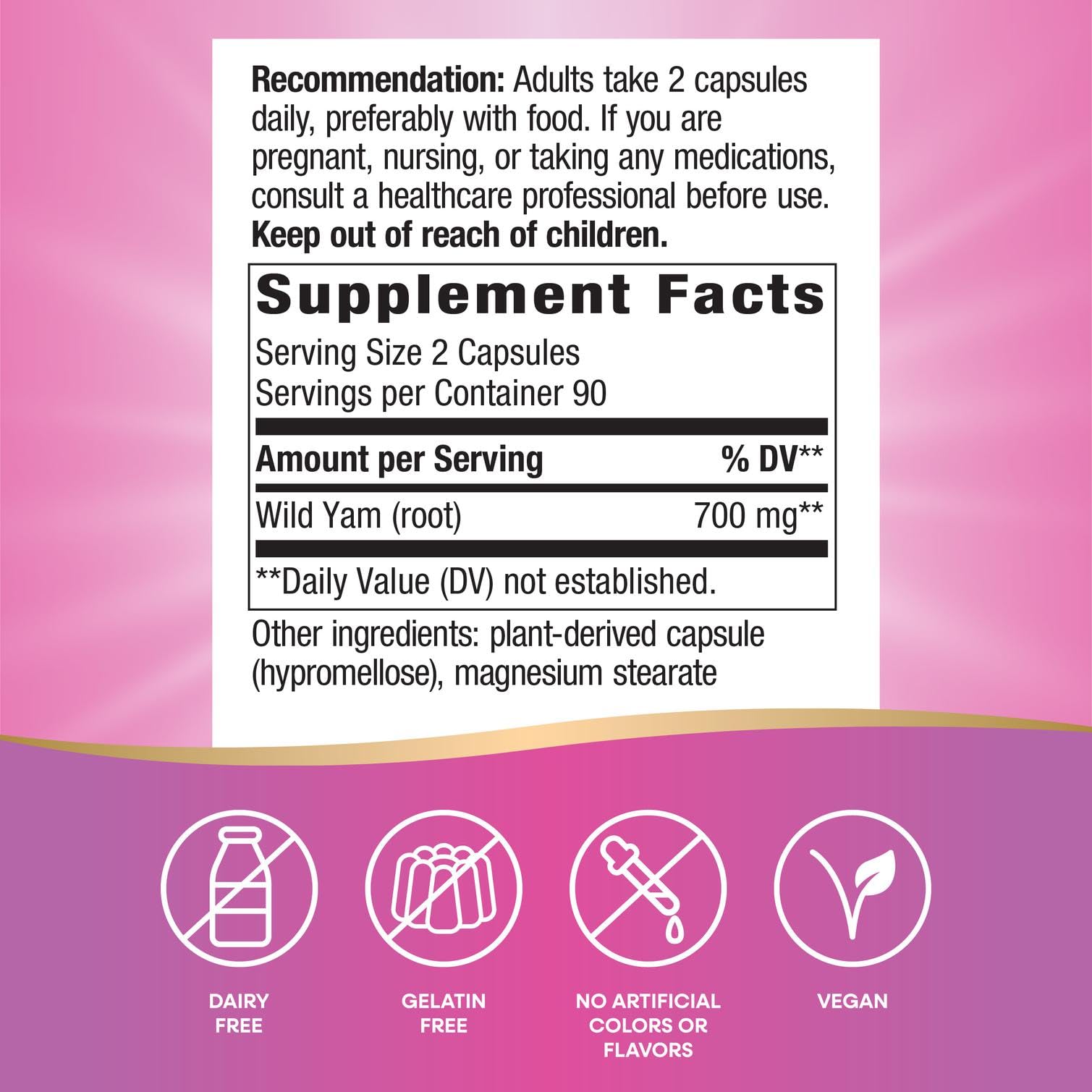Nature's Way Wild Yam Root capsules shown in a vegan supplement form