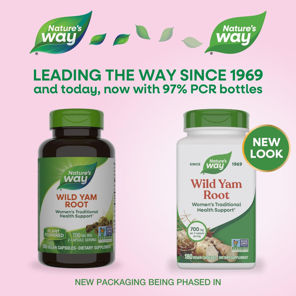 Nature's Way Wild Yam Root label highlights non-GMO vegan ingredients