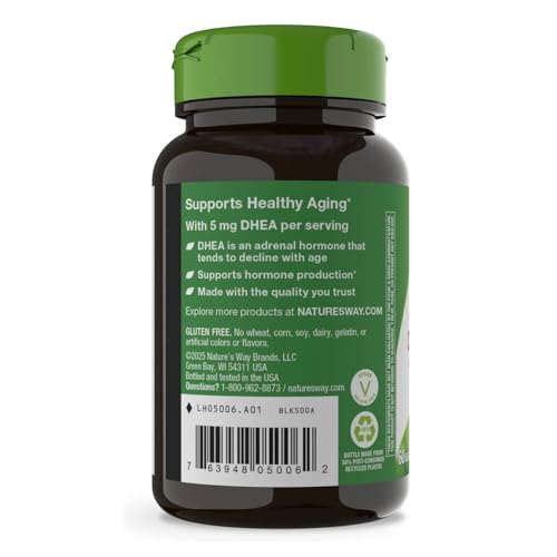Nature's Way Youthful You DHEA 5 Mg bottle back, clear label details and dosage information.