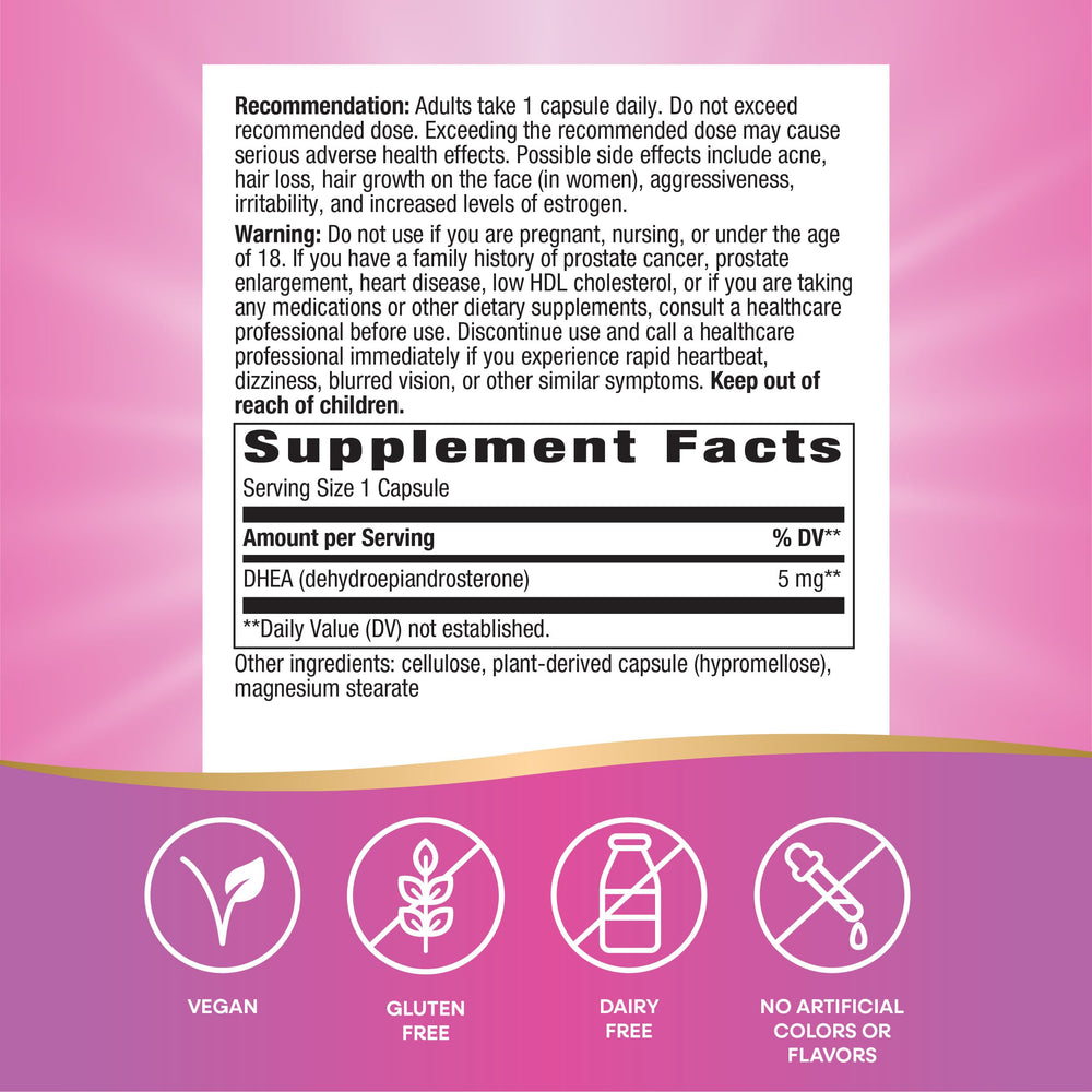 Nature's Way Youthful You DHEA 5 Mg label highlights ingredients.