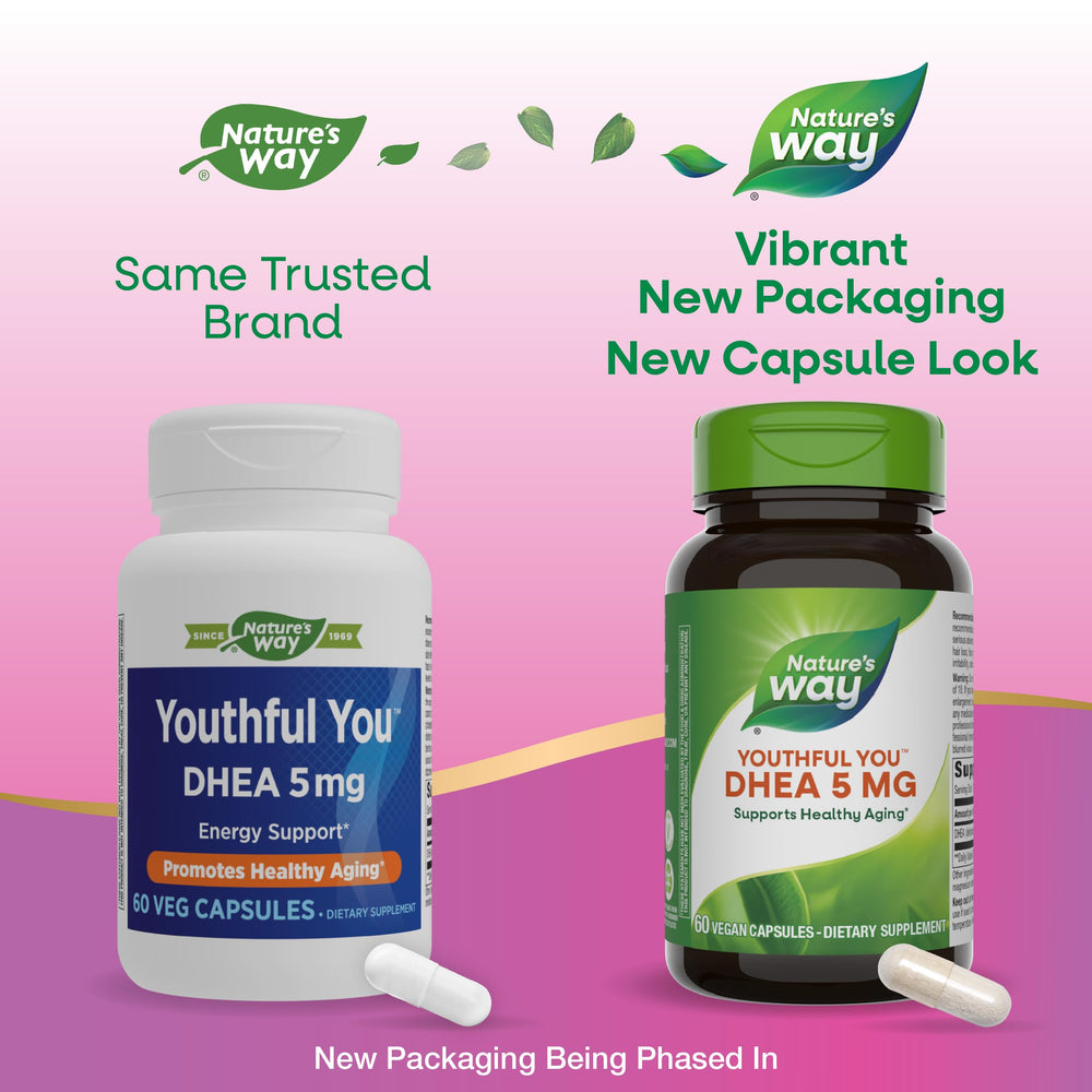 Nature's Way Youthful You DHEA 5 Mg packaging, vegan-friendly and gluten-free features.