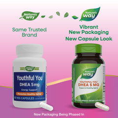 Nature's Way Youthful You DHEA 5 Mg packaging, vegan-friendly and gluten-free features.