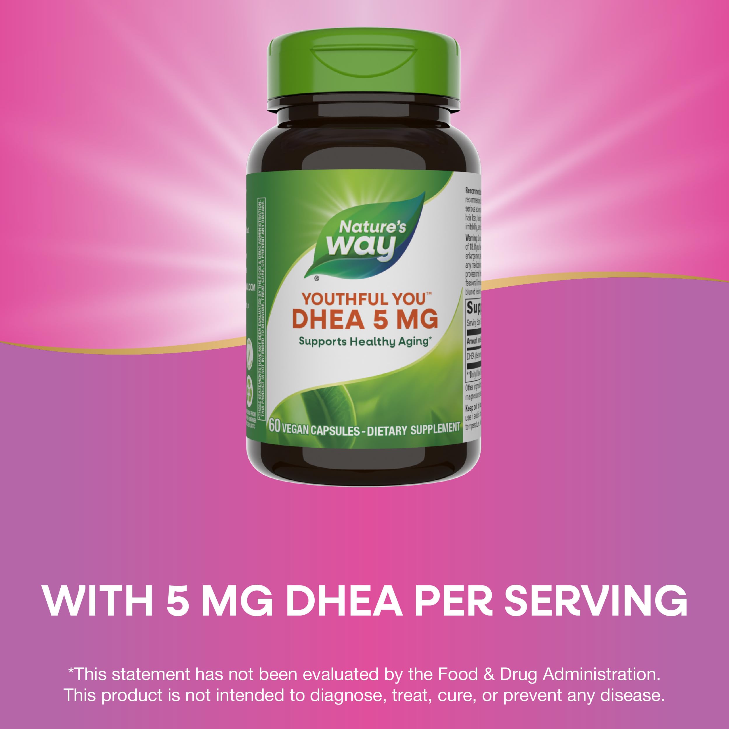Nature's Way Youthful You DHEA 5 Mg vegan-friendly design for plant-based routines.
