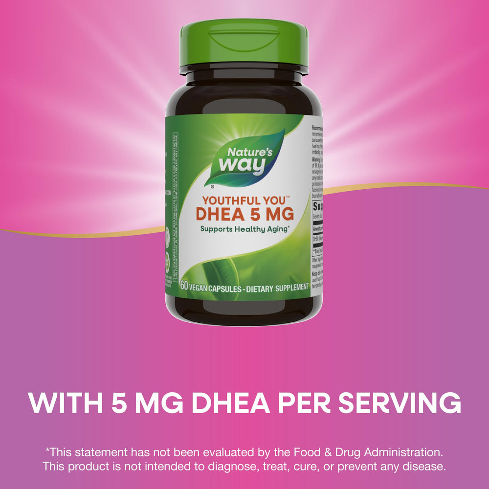 Nature's Way Youthful You DHEA 5 Mg vegan-friendly design for plant-based routines.