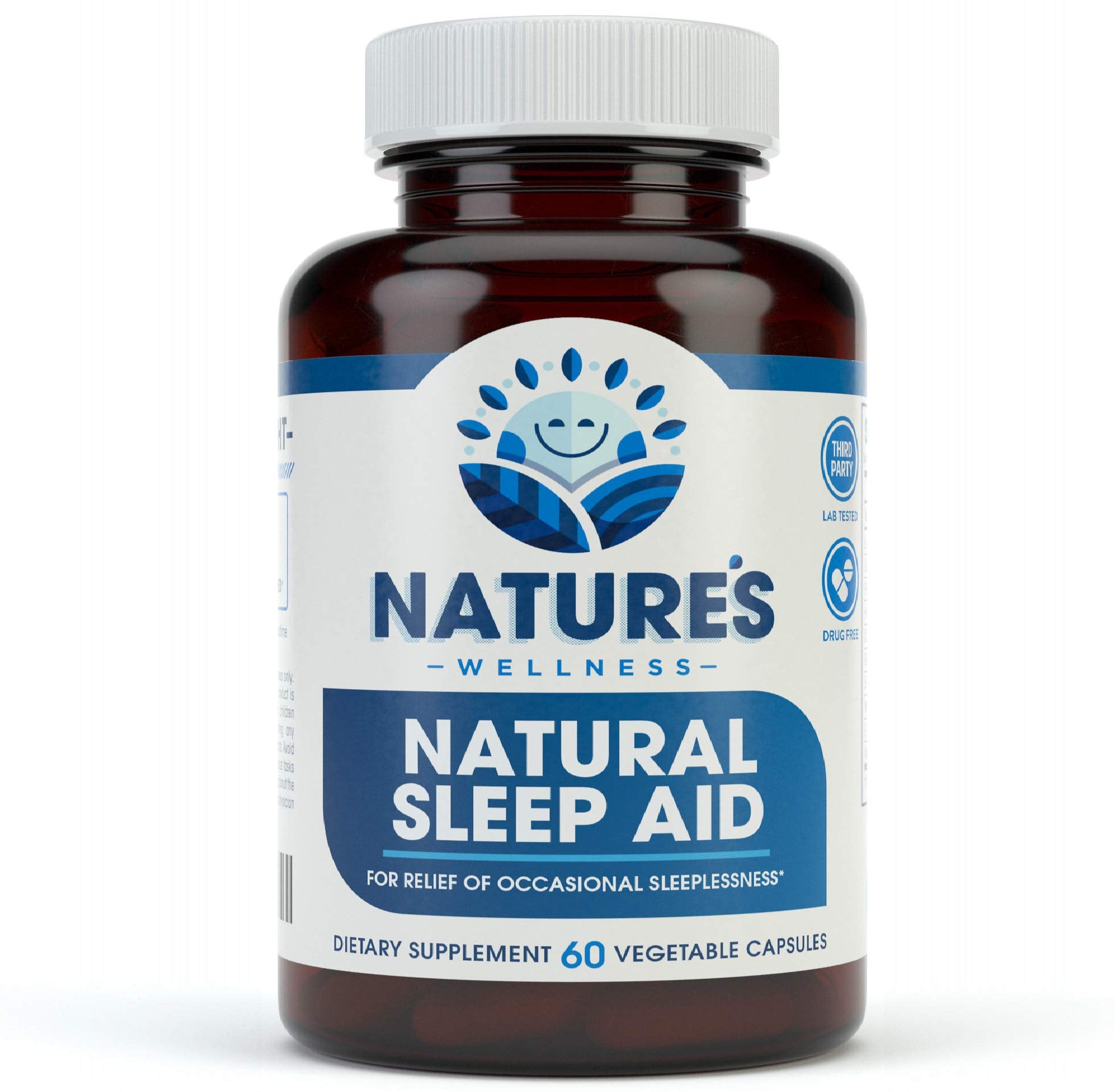 Natures Wellness Premium Sleep Aid bottle on a nightstand for restful nights