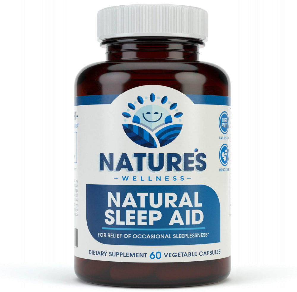 Natures Wellness Premium Sleep Aid bottle on a nightstand for restful nights