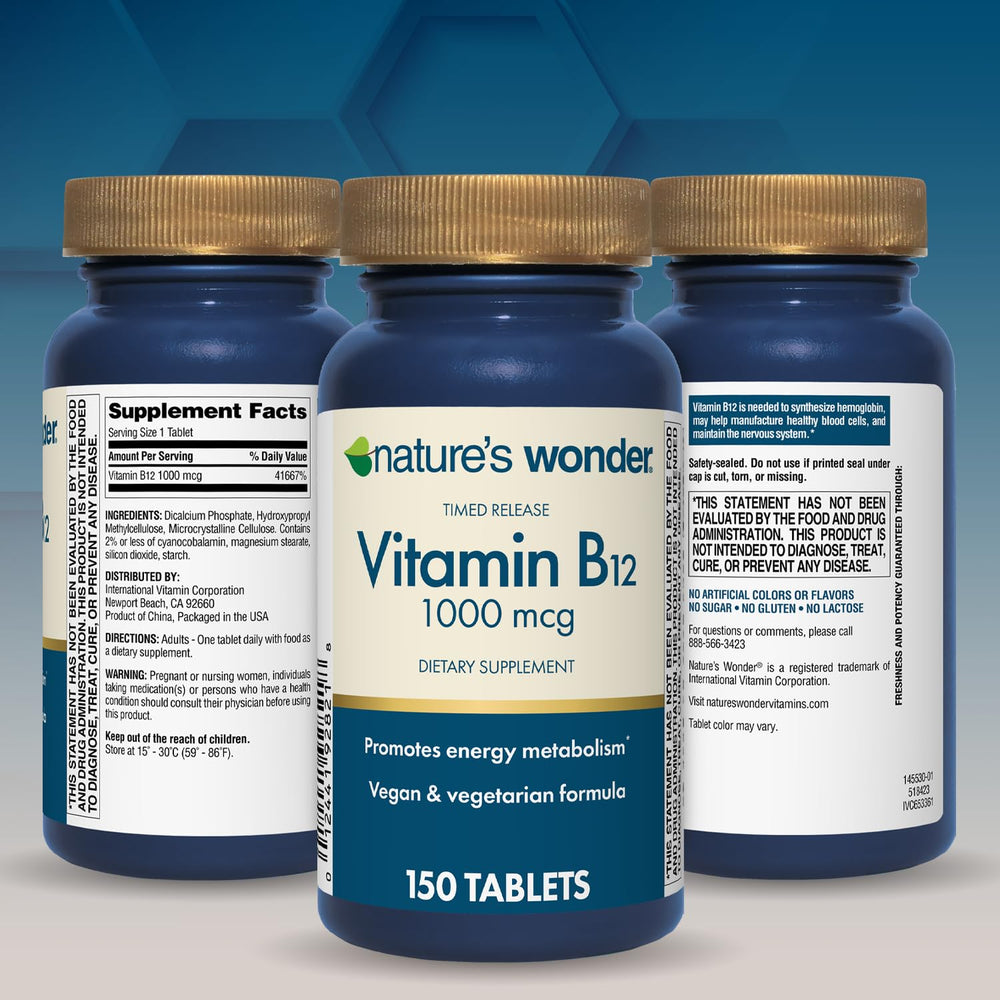 Nature's Wonder B12 bottle with glass signals easy daily use and consistent intake