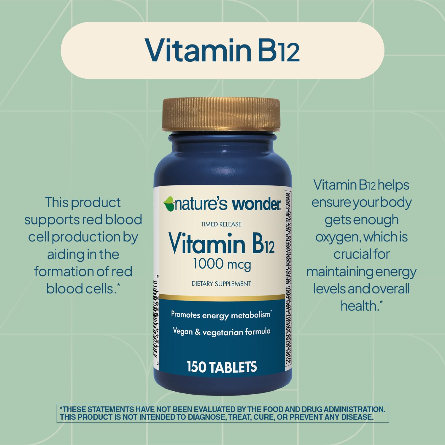 Nature's Wonder B12 tablet next to fresh fruit highlighting energy metabolism