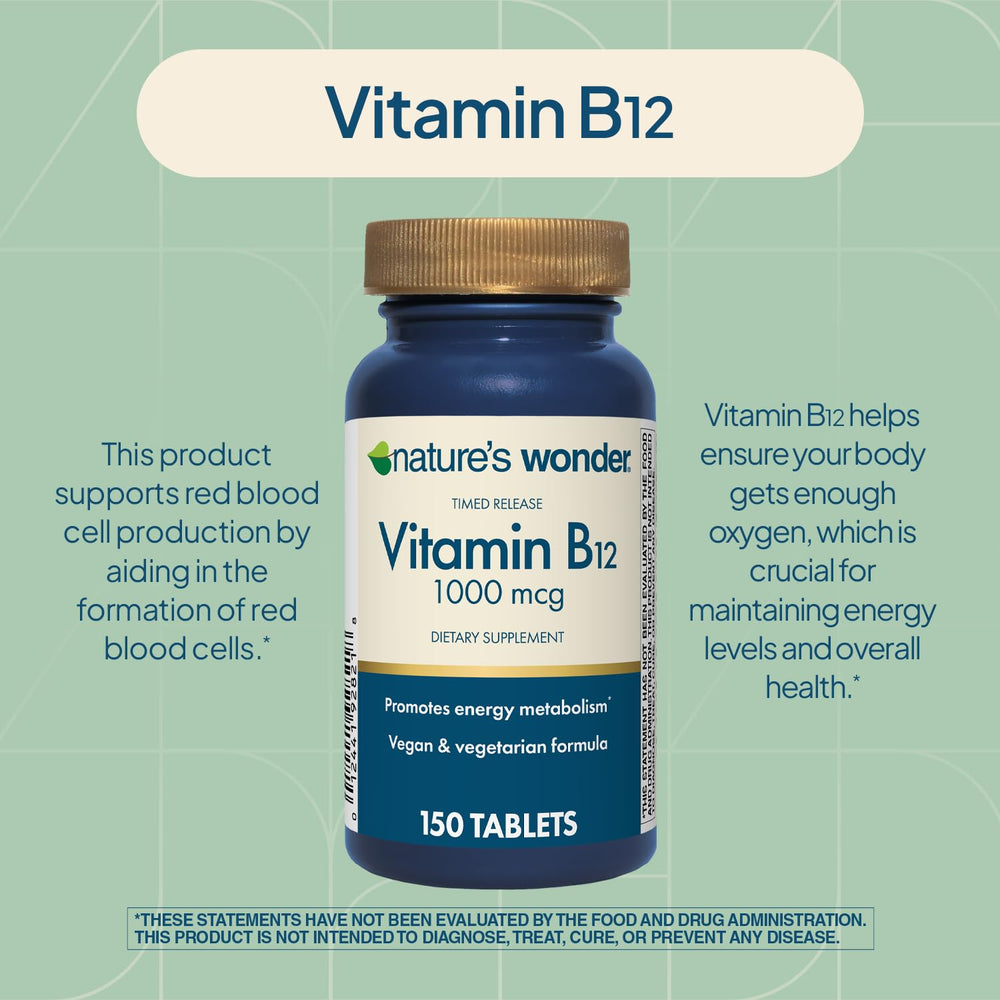 Nature's Wonder B12 tablet next to fresh fruit highlighting energy metabolism