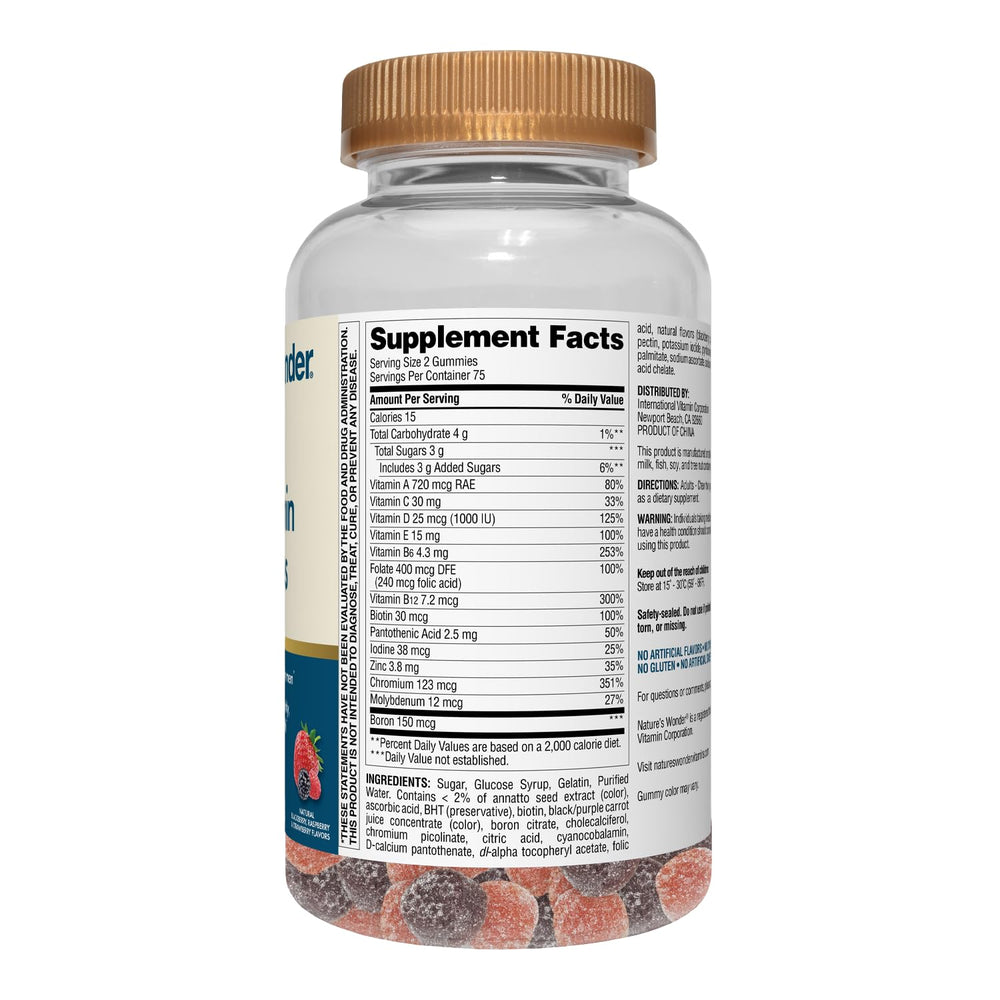 Nature's Wonder gummies arranged in bottle display for daily use.