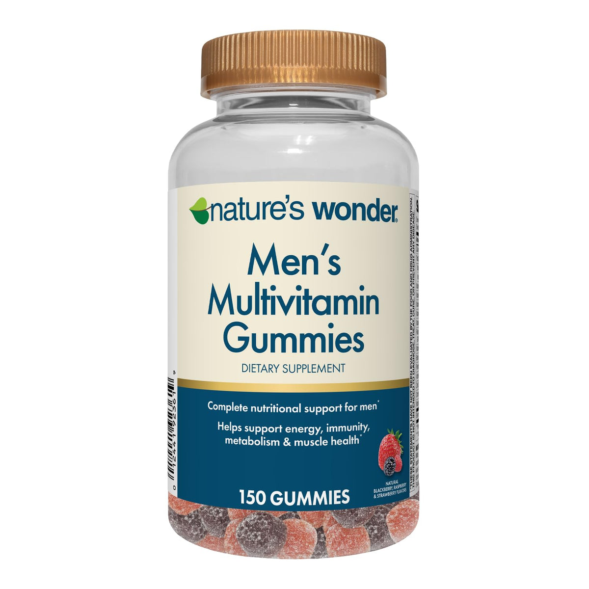 Nature's Wonder men's multivitamin gummies bottle showing daily immune support and energy potential.