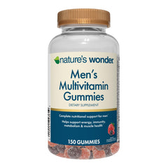 Nature's Wonder men's multivitamin gummies bottle showing daily immune support and energy potential.