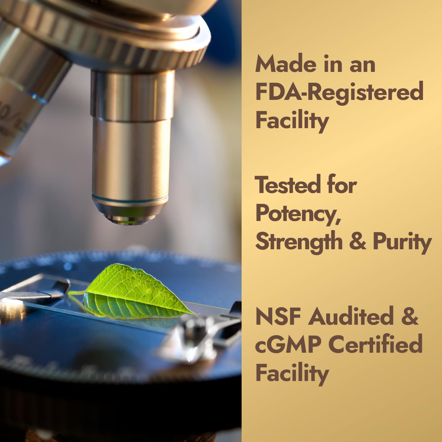 Nature's Wonder caja y frasco destacan controles de calidad y pureza.