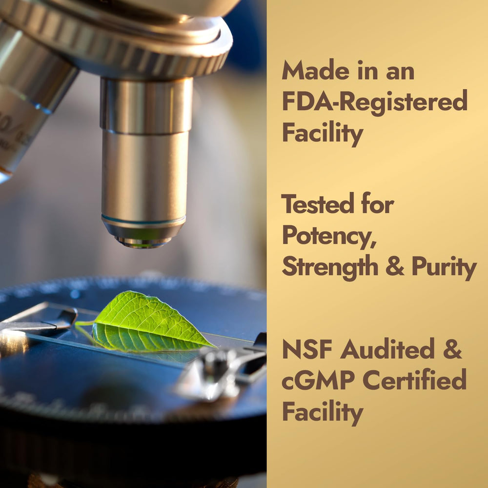 Nature's Wonder caja y frasco destacan controles de calidad y pureza.