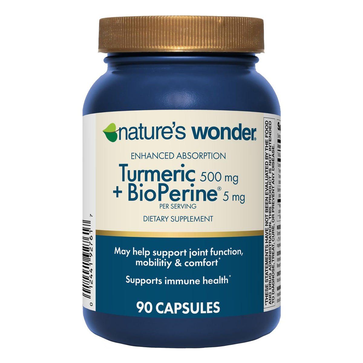 Nature's Wonder turmeric bottle front with vegetarian capsules for daily wellness