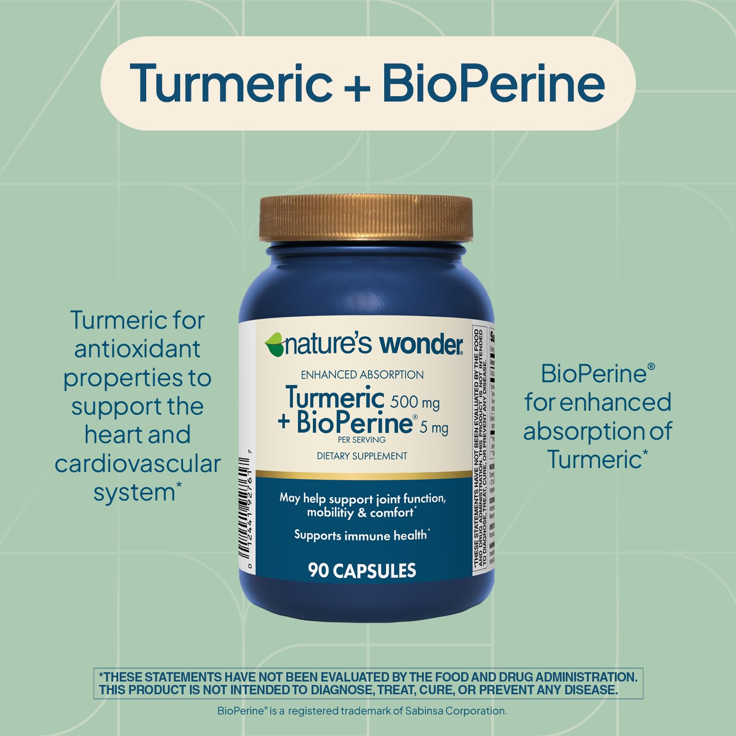 Nature's Wonder turmeric capsules close-up showing quality curcumin with pepper